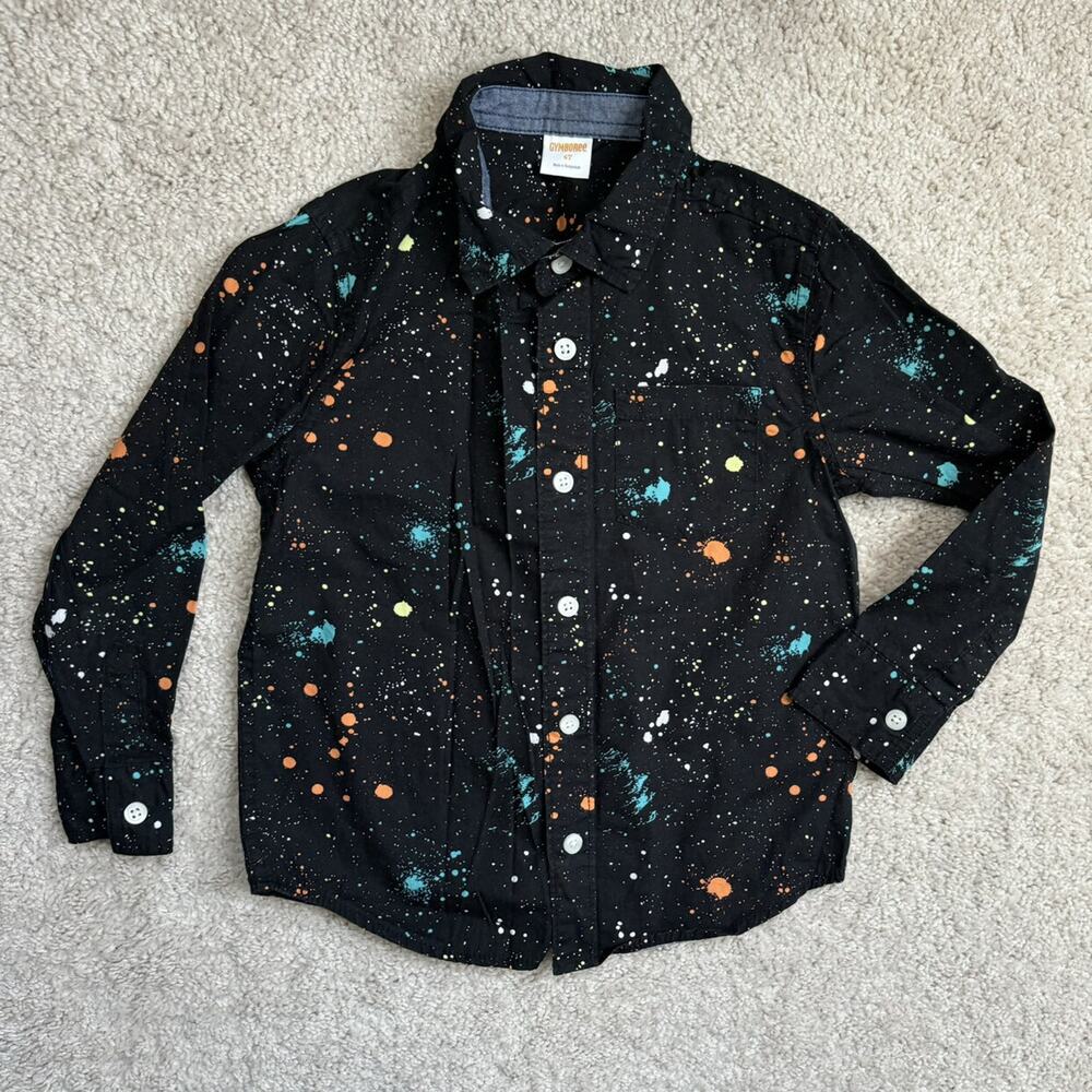 * Gymboree Button Front Shirt Splatter Paint Artist Abstract Neon Retro Size 4T
